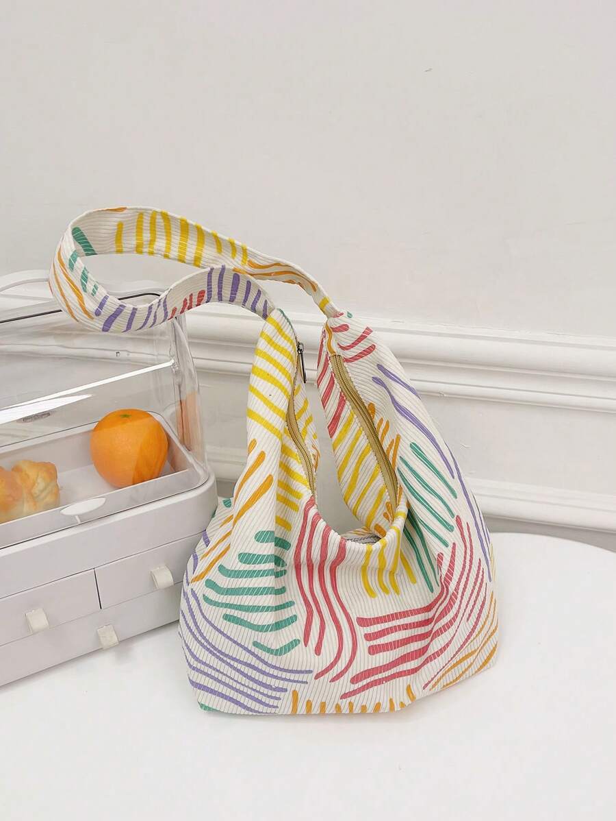 Bolsa de Tecido com Estampa Geométrica e Alças Trançadas