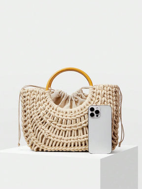 Bolsa Macramê com Alça de Madeira