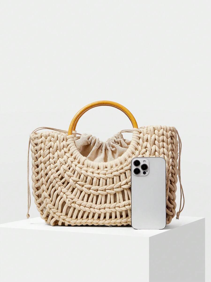 Bolsa Macramê com Alça de Madeira