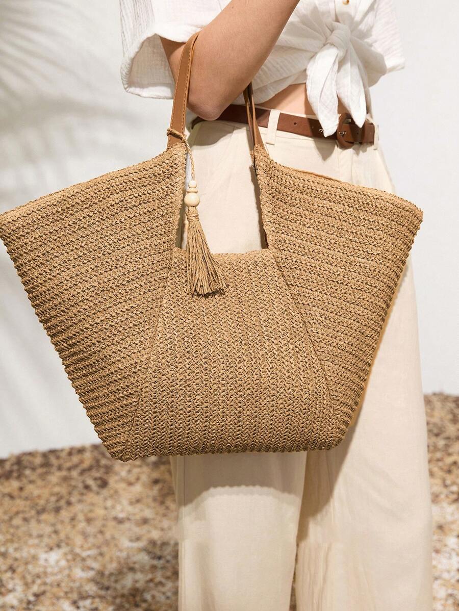 Bolsa de Palha com Alça de Couro e Tassel