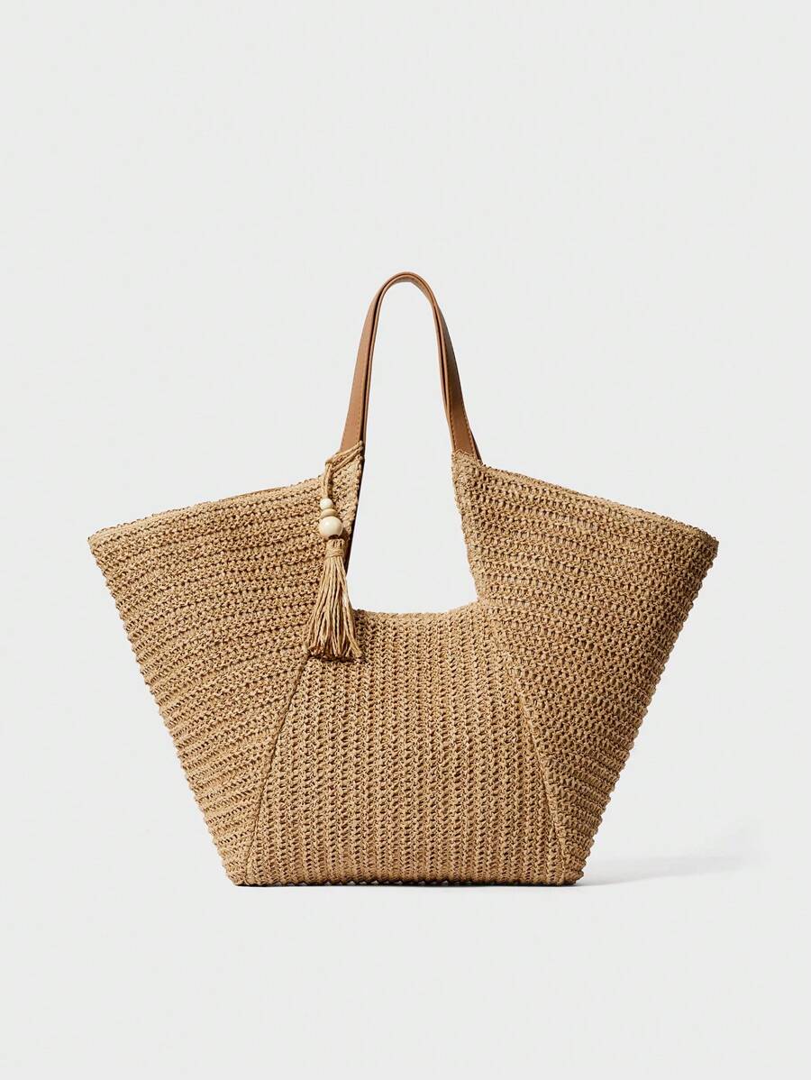 Bolsa de Palha com Alça de Couro e Tassel