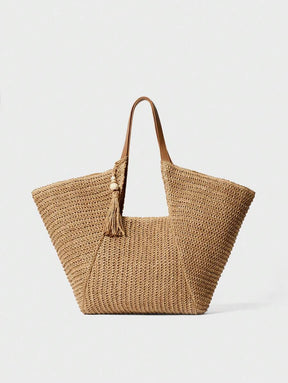 Bolsa de Palha com Alça de Couro e Tassel