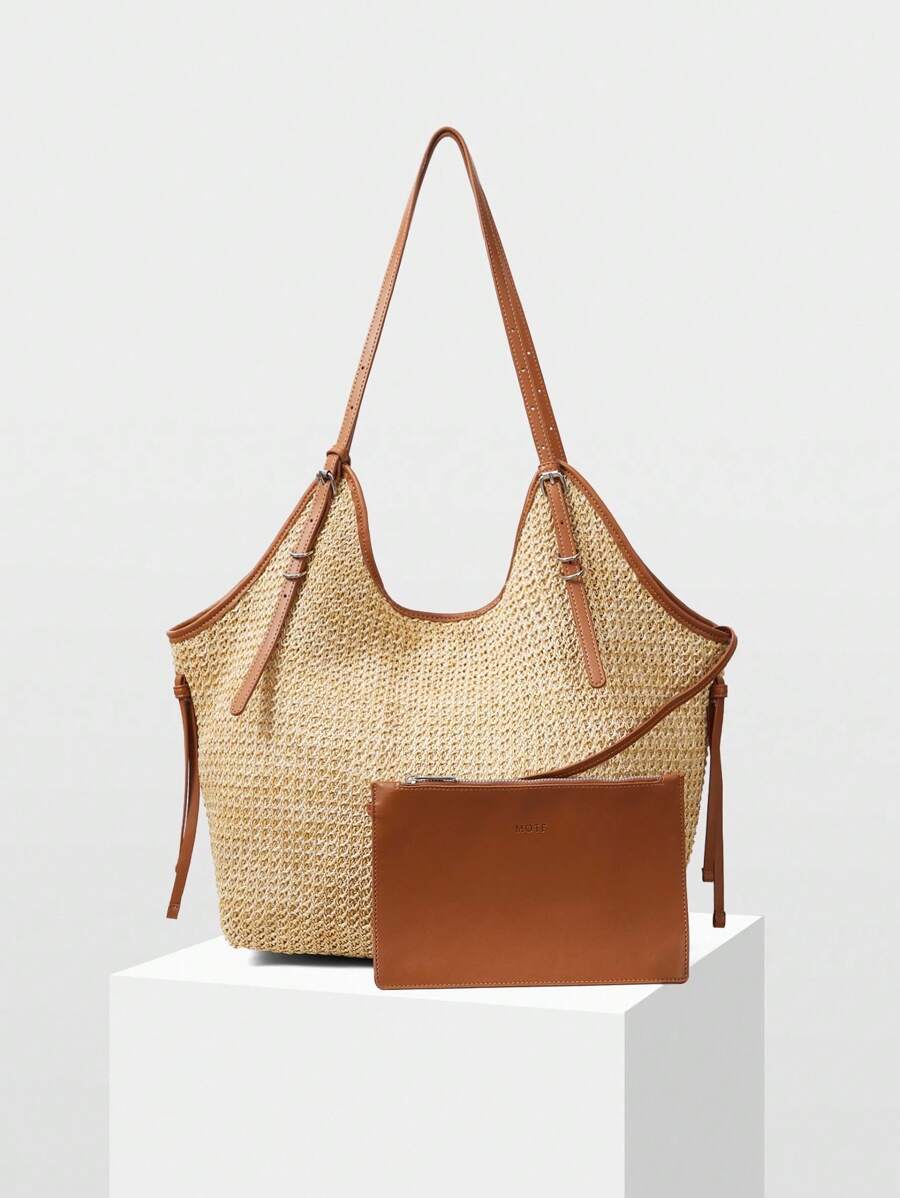 Bolsa de Palha com Alças de Couro e Ajuste Lateral