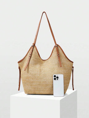 Bolsa de Palha com Alças de Couro e Ajuste Lateral