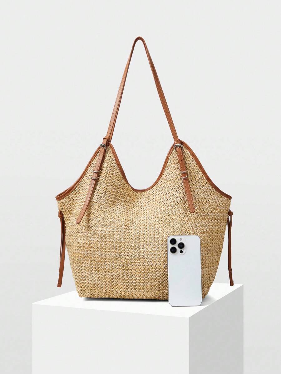 Bolsa de Palha com Alças de Couro e Ajuste Lateral