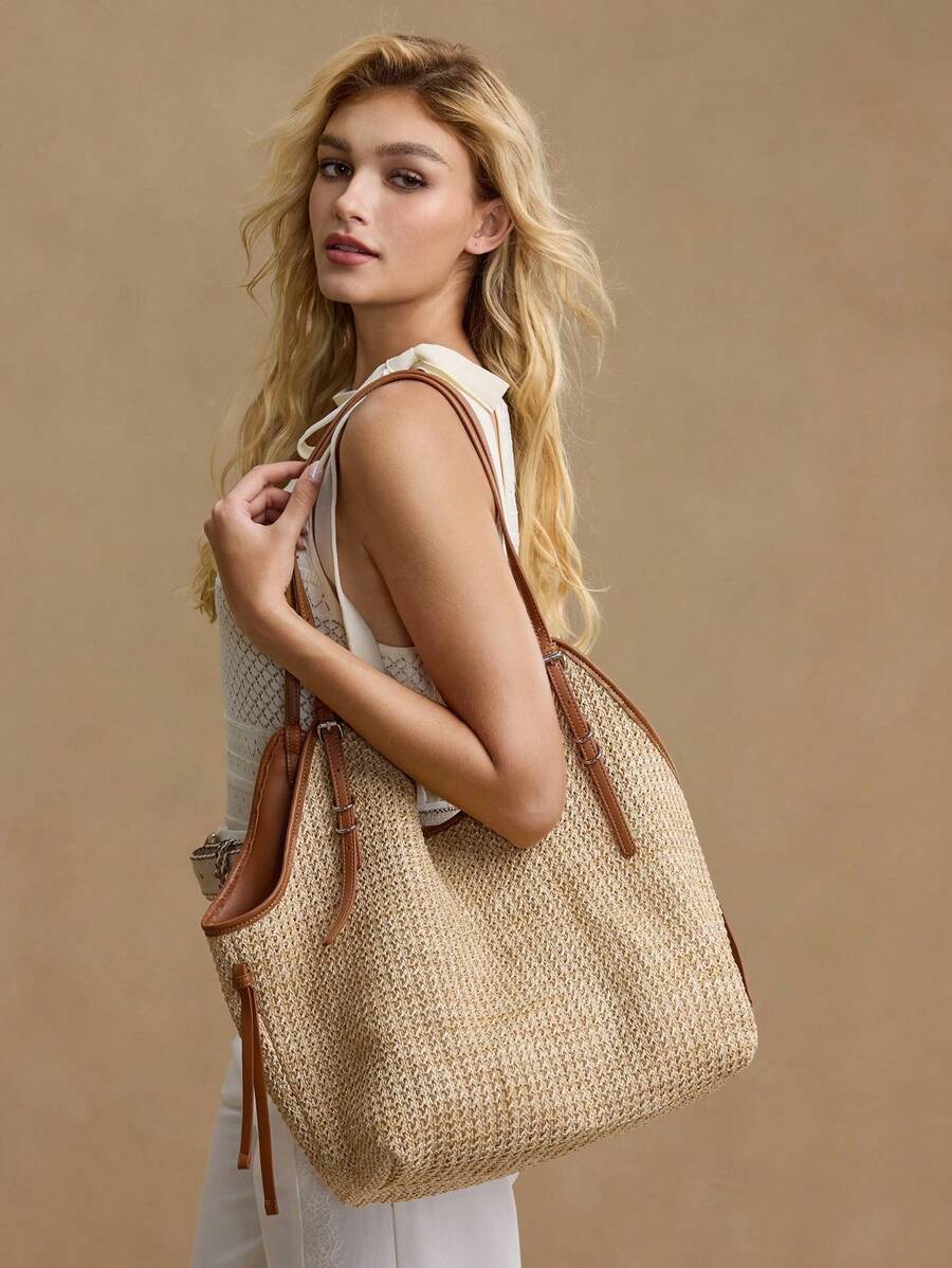 Bolsa de Palha com Alças de Couro e Ajuste Lateral