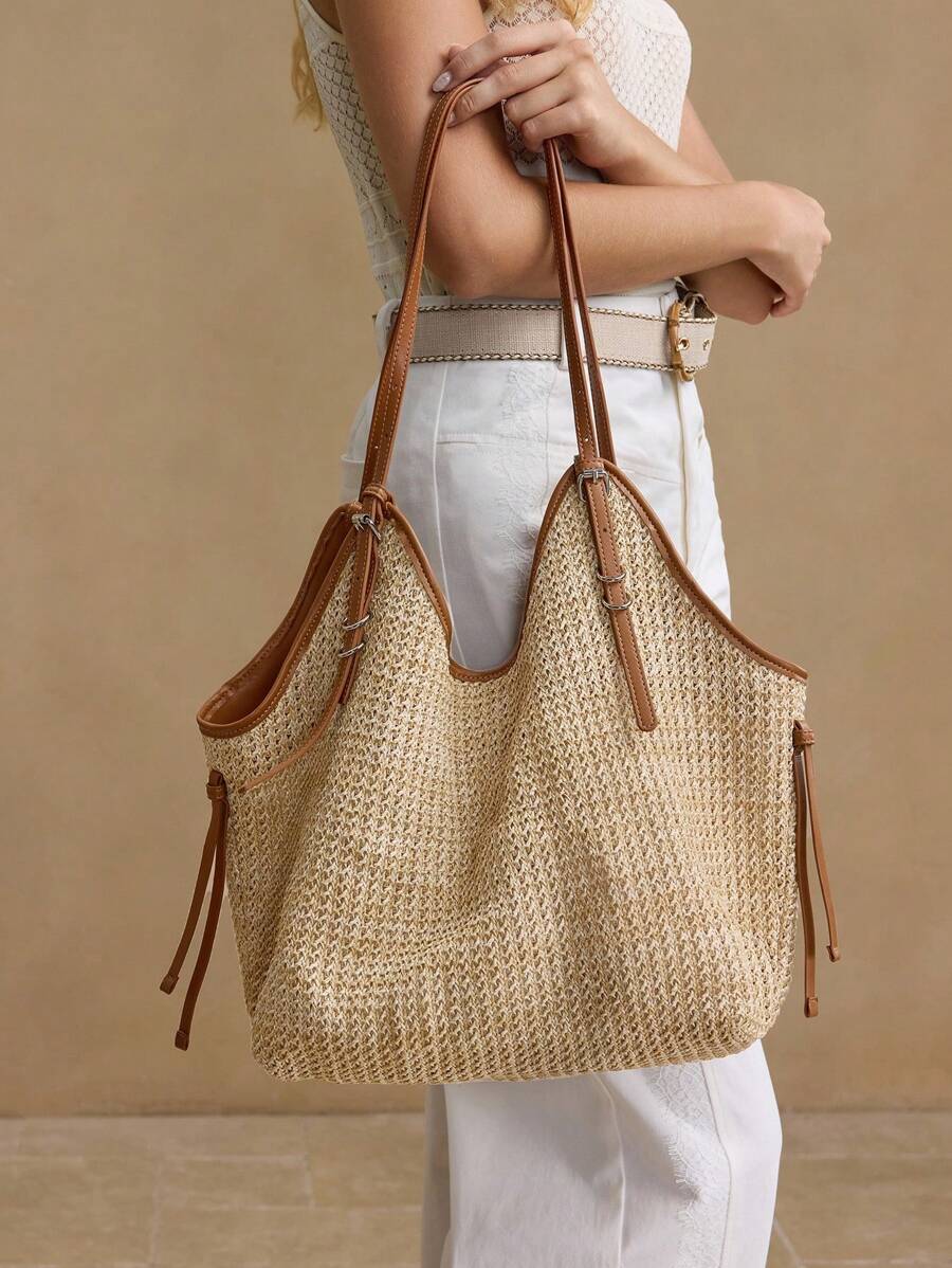 Bolsa de Palha com Alças de Couro e Ajuste Lateral